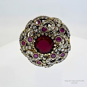 Handmade Jewelry Ruby Halo Statement Ring 925 Silver Gold Plated Size 8
